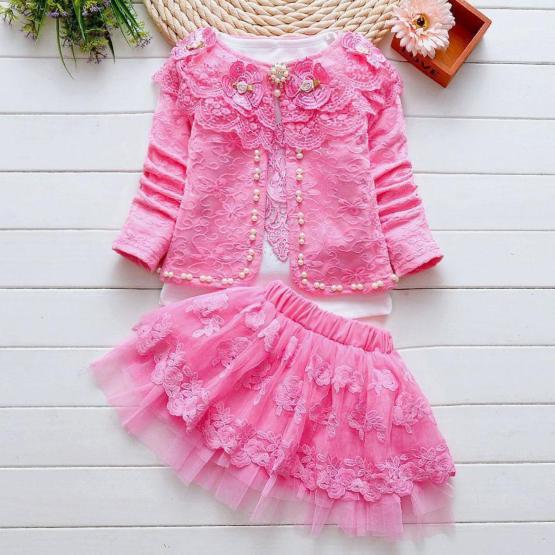 

Lace 3 Pieces Girl Sets Autumn Flower Coats And Bow Skirts Children Cute Princess Clothing Suits Top Quality, White
