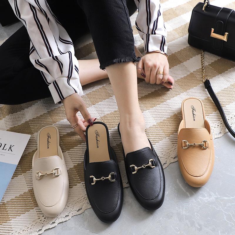 

Slippers Summer Women Leather Breathable Half Fashion Round Baotou Outdoor Comfort Casual Flat Beach Sandals, Black