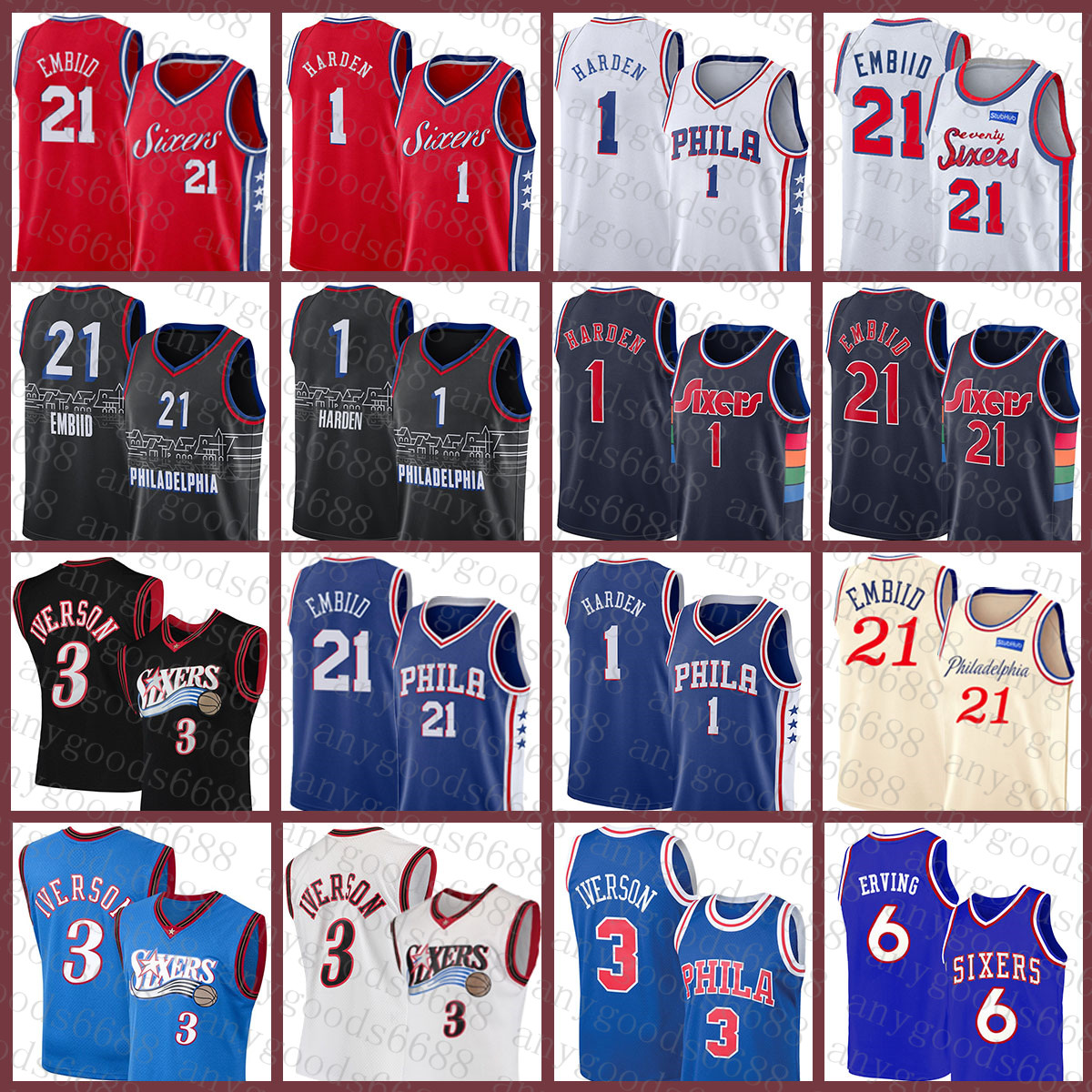 

Philadelphias 76er Mens James 1 Harden Basketball Jersey Joel 21 Embiid Allen 3 Iverson S-2XL Julius 6 Erving Brown
