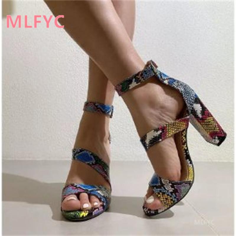 

Sandals 2021 Summer Fashion Color Snake Print One-button Large Size High Heel Thick Roman Shoes Woman Heels, White