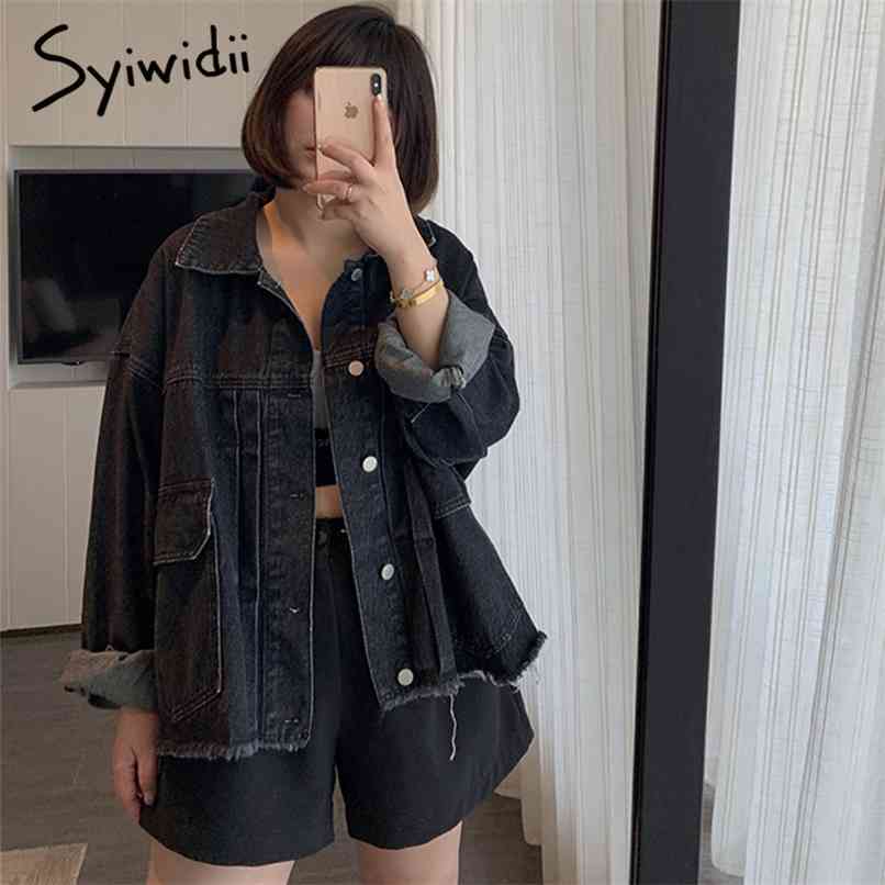 

Denim Jacket Women Oversized Jeans Coats and Jackets Spring Fall Tassel Big Pockets Plus Size Clothes Blue Black 210607