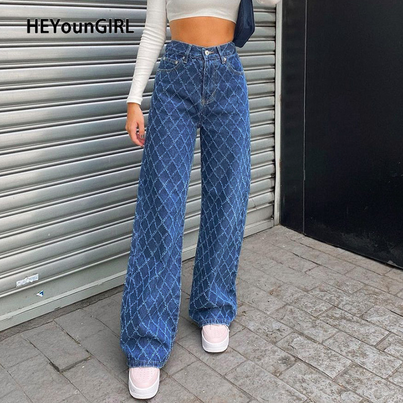 

HEYounGIRL Casual Argyle Y2K Woman Jeans Straight High Waist Pants Capris Froll Plaid Fashion Long Denim Trousers Streetwear, Blue