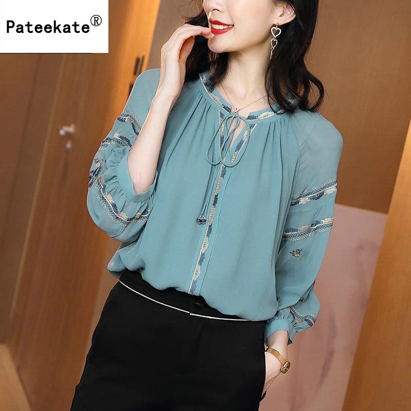 

women tops and blouses solid white chiffon blouse office shirt thin and beautiful 2021 long sleeve women shirts clothes, Green