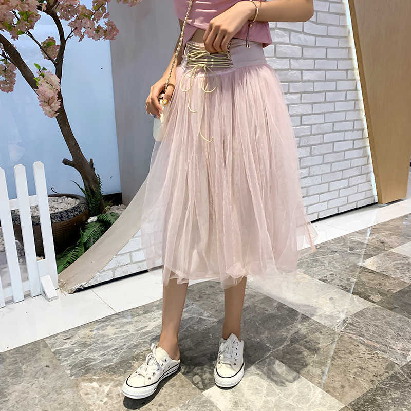 

WOMENGAGA Spring Summer Mesh Lace Yarn Pink Ball Gown Skirt Bandage Court Girl Heart Net Skirts Sweet NS75 210603