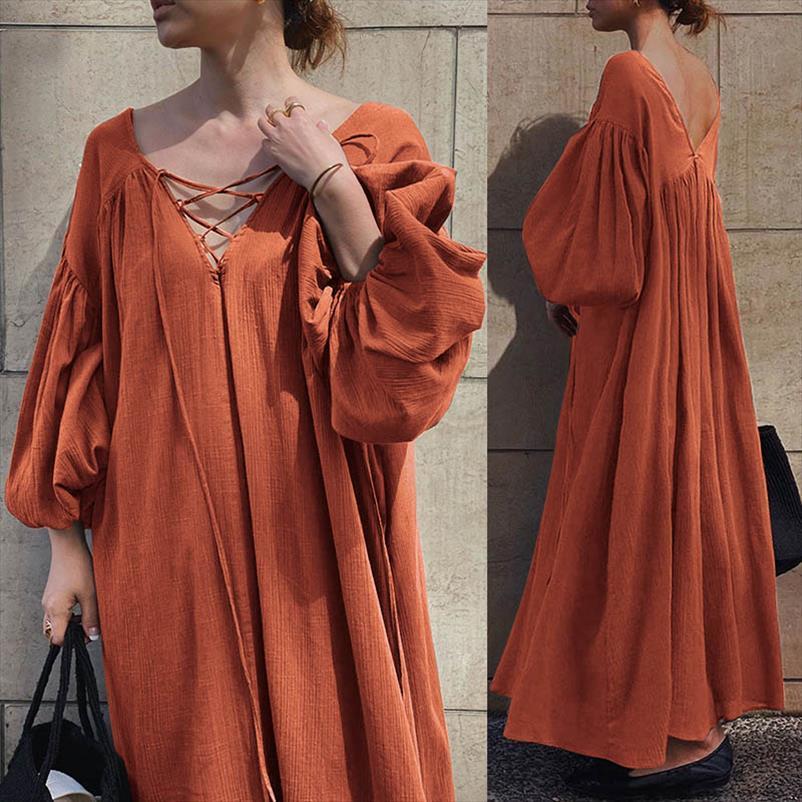 

Sexy Maxi Fashion Lantern Sleeve Women Dress Backless Party Long Sundress V Neck Lace Up Casual Solid Dresses Femme, Black;gray