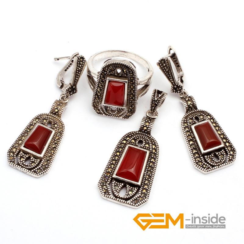 

Earrings & Necklace Red Agat E Shield Antiqued Tibetan Silver Ring Pendant Jewelry Sets For Party Women Gift, As pic