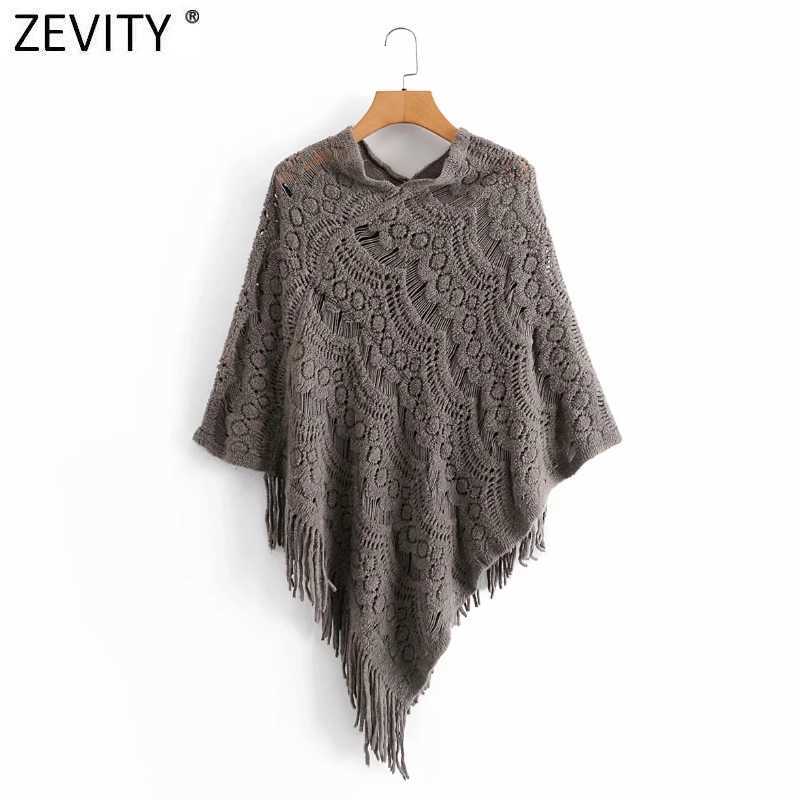 

Zevity Women Fashion Crocheted Knitted Jacquard Shawl Sweater Female Hem Tassel Decoration Pullovers Chic Hollow Cloak Tops S530 210603, One size