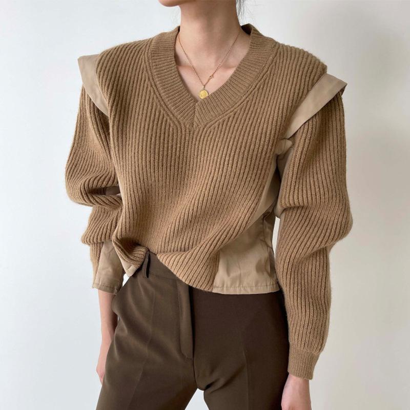 

Women's Sweaters Korean Chic Autumn And Winter Niche Design V-neck Splicing Flying Sleeves Loose Short Thickened Sweater, Black