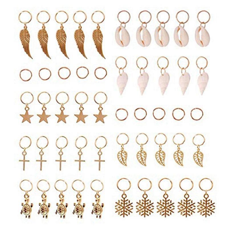 

Hair Clips & Barrettes Braid Rings, 50Pcs Loops Gold Ring Shell Leaves Star Conch Snowflake Pendant Charms Set Clip Headband Acces, Golden;silver