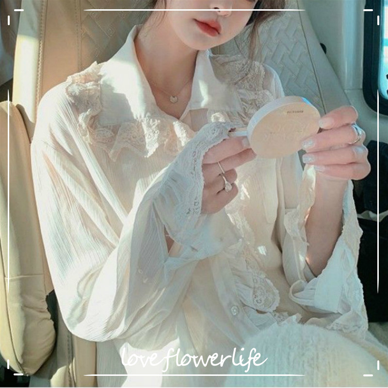 

Elegant Lace Shirts Ladies Casual Long Sleeve Vintage Chiffon Blouse and Tops Women Spring Korea Style Basic Shirt Female 210521, Apricot