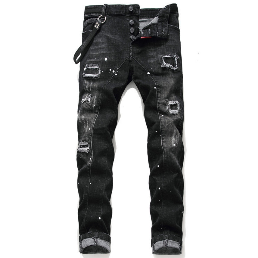 

Mens Jeans jean Hip hop street trend Zipper chain decoration ripped Stretch Black Fashion Slim Fit Washed Motocycle Denim Panelled Trousers, Blue