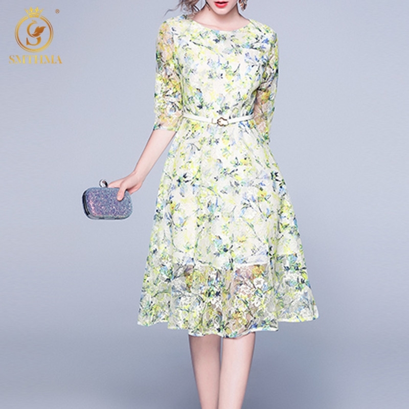 

Fashion Elegant Sexy Lace Hollow-Out Summer Dress Women's Print Big Swing Dresses Vestidos With Belt 210520, Photo color