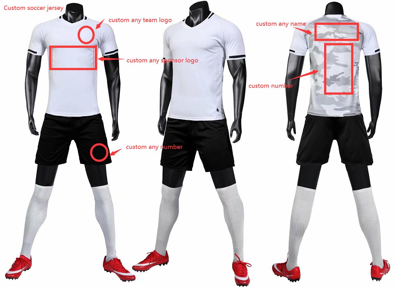 

Custom Team Kids+Adult White Blank Soccer Jersey Uniform Mens Women Sports Personalized Shirts with Shorts Printed Design Name and Number 19w