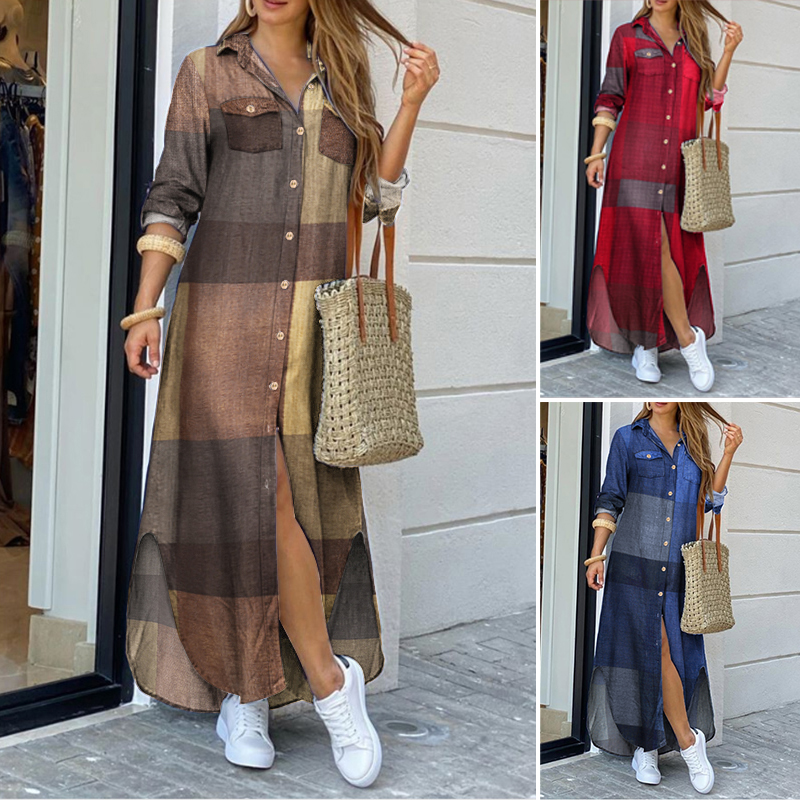 

ZANZEA 2021 Fashion Female Longue Robe Women Autumn Vintage Long Sleeves Maxi Shirt Dress Casual Plaid Vestidos Plus Size 5XL, Blue