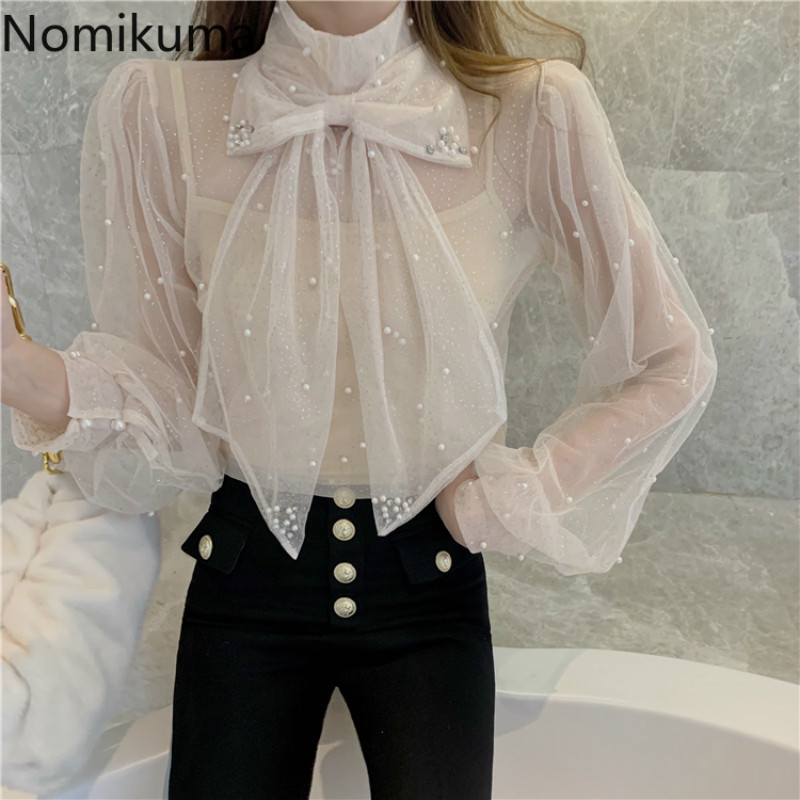 Nomikuma Korean Mesh Women Two Pieces Blouse Sets Bowknot Long Sleeve Perspective Blusas + Basic Sling Vest Spring Outfits 6E130 210427