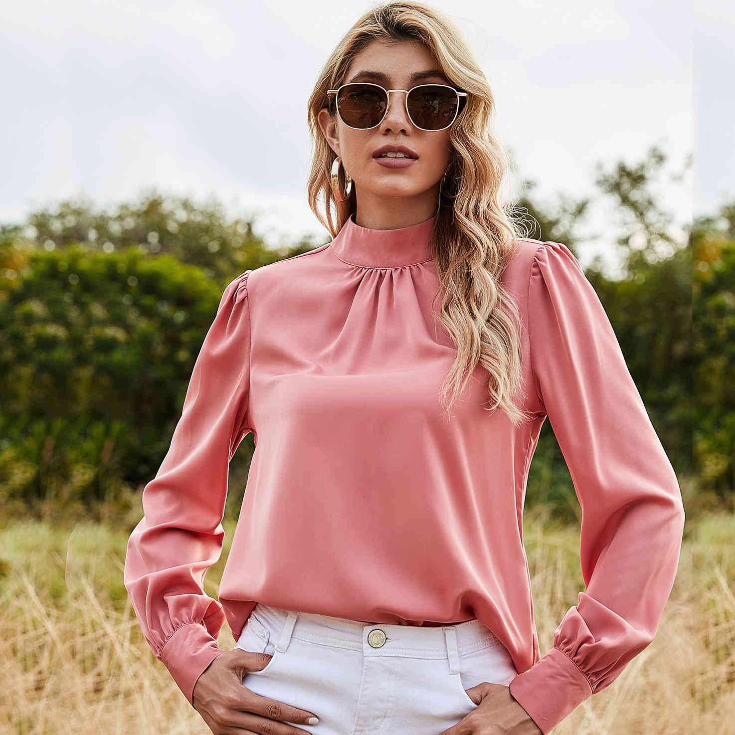 

Spring Chiffon Pink Solid Regular Slim Pullover Casual Women's Blouse 210524