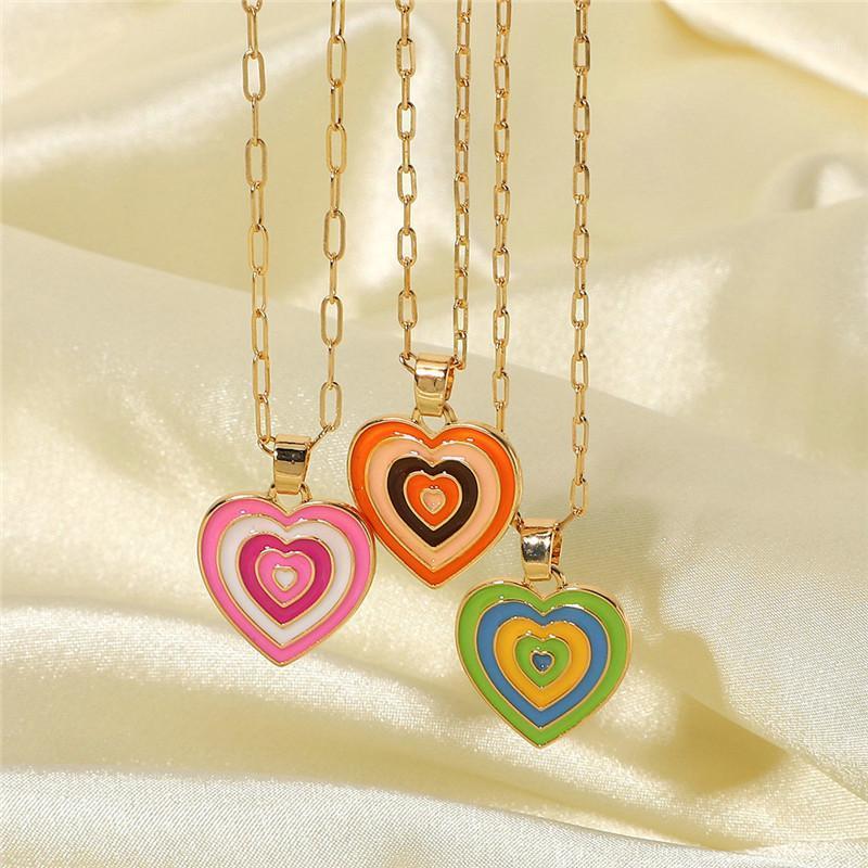 

Chains Trendy Gradient Colorful Glazed Heart Pendant Necklace For Women Girl Metal Gold Color Chain Charm Necklaces Collares