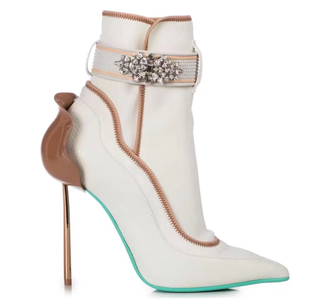 

2021 style sheepskin leather pillage toe Ankle Boots booties Casual party Dress shoes 9cm Flower stiletto heels zipper zip buckle diamond size 34-41, Blue