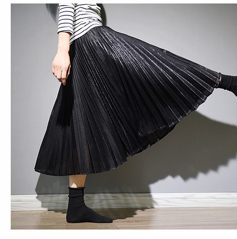

Casual Dresses Women Vintage Metallic Color Pleated Midi Skirt Autumn Winter Ladies High Waist Hand-pressed Pleats Zipped Saia SK1, Gold