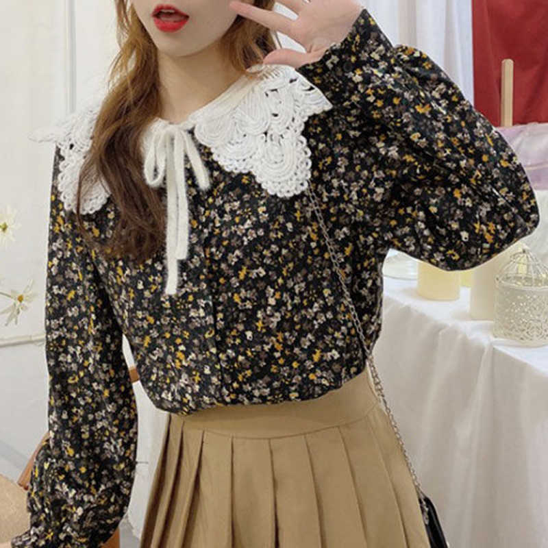 

Japanese Cute Doll Collar Blouse Winter Long Sleeve Women Designer Floral Tops Casual Office Korean Clothing Ladies Spring 210604, Red flower top