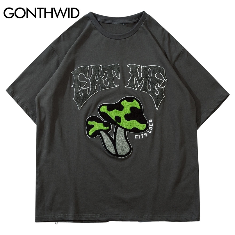 

Tshirts Embroidery Mushroom Patchwork Short Sleeve Tees Shirts Streetwear Hip Hop Harajuku Casual Cotton Loose Tops 210602, Gray