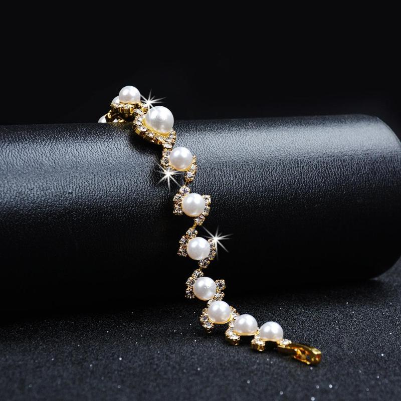 

Charm Bracelets Luxury Female White Pearl Bracelet Classic Gold Silver Color Chain For Women Cute Round Crystal Stone Wedding