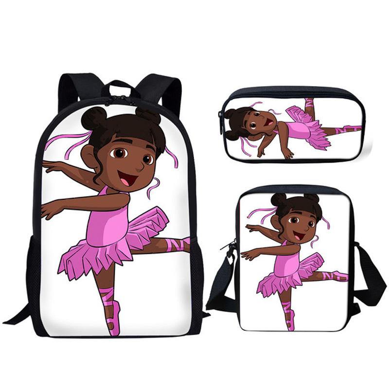 

School Bags 3pcs/Set Children Set For Girls Kids Backpack Black African Little Afro Girl Print Schoolbag Ballet Dancer Bookbag
