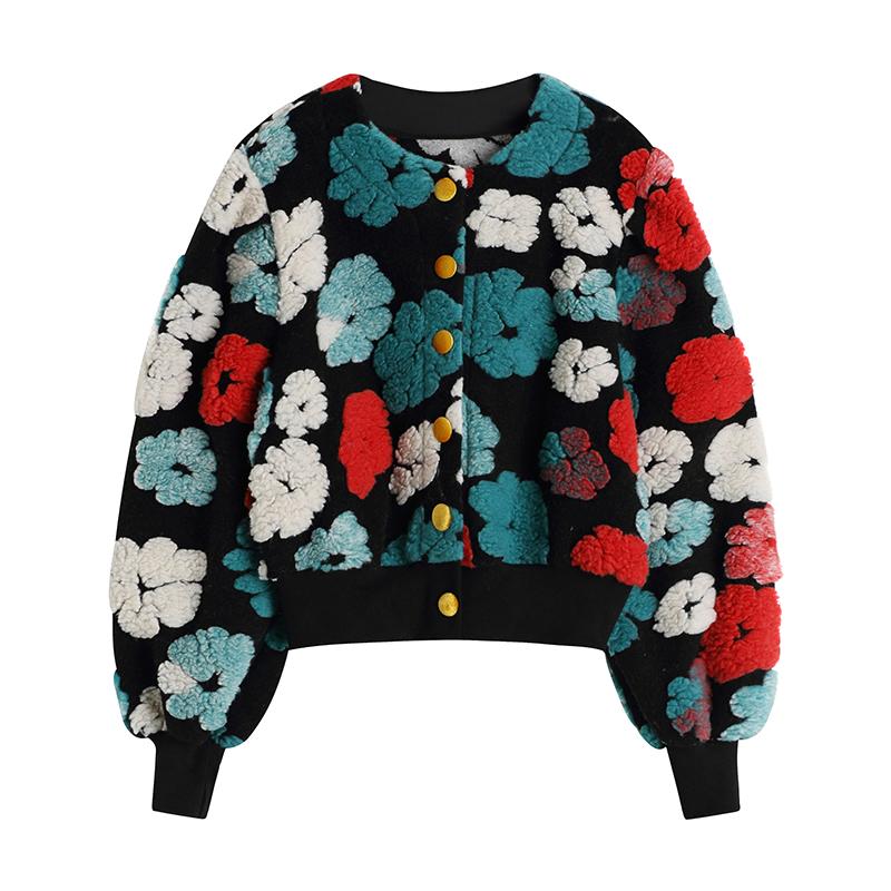 

Women's Jackets Women Coat Autumn Winter Wear Temperament Retro Three-dimensional Flower Round Neck Plush Cardigan Short Jacket Female Trend, Black;brown