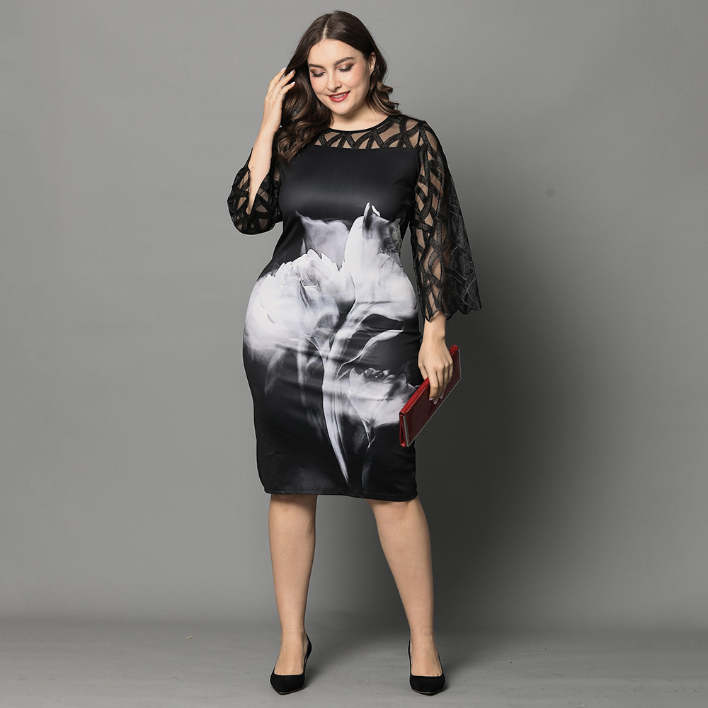 

2021l-6xl plus size dress ladies casual lace 3/4sleeve openwork elegant dresses women spring fall white rose print black dress d30, Black;gray