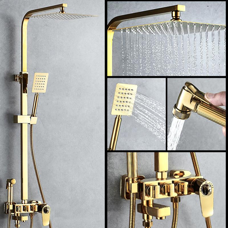 

Thermostatic Shower Faucets Set Gold Brass System With Body Sprays Bathroom Showers Rainfall Water Mixer Bathtub Faucet Sets