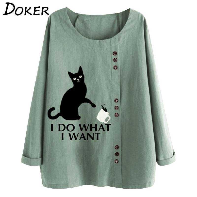 

Womens Tops And Blouses Winter Fashion Cat Prined O Neck Long Sleeve Plus Size Casual Shirts Cotton Linen Loose Blouse Femme 210603, Navy blue