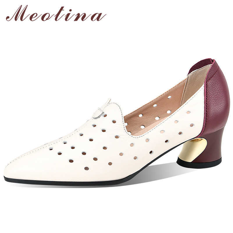 

Meotina Pumps Natural Genuine Leather Med Heels Pointed Toe Women Shoes Cutouts Thick Heel Female Footwear Spring White 210608