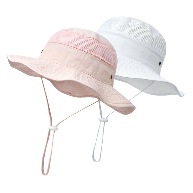 

Kids Bucket Hats Summer Wide Brim Hat Casual Flat-topped Basin Cap Gauze Splicing Sun Caps Foldable Protection Visor Fashion With Windproof Rope WMQ1302, 48cm 6-24m