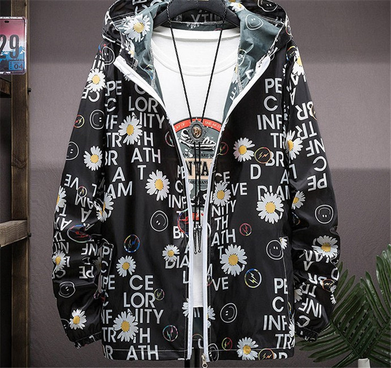 

Mens Floral and Letter Print Jackets Spring Zipper Pocket Hooded Outerwear Long Sleeve Street Style Slim Mens Clothes, Black;brown