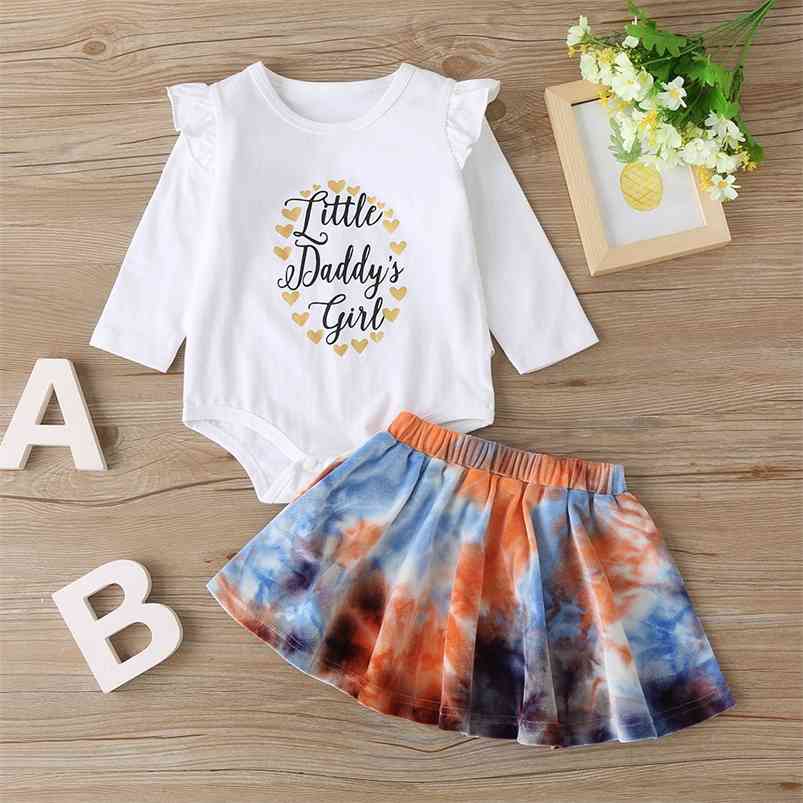 

Arrivals Winter Children Sets Long Sleeve Letter Rompers Print Tie-dye Skirt Cute 2Pcs Girls Clothes 2-7T 210629, White