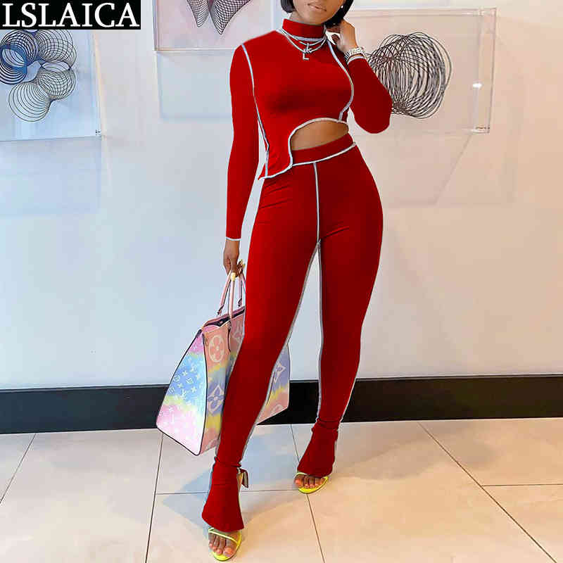 

Sexy Bodycon Two Piece Set Women Turtleneck Skinny Long Sleeve Irregular Crop Top Split Pants Casual Outfits Autumn 210520, Red