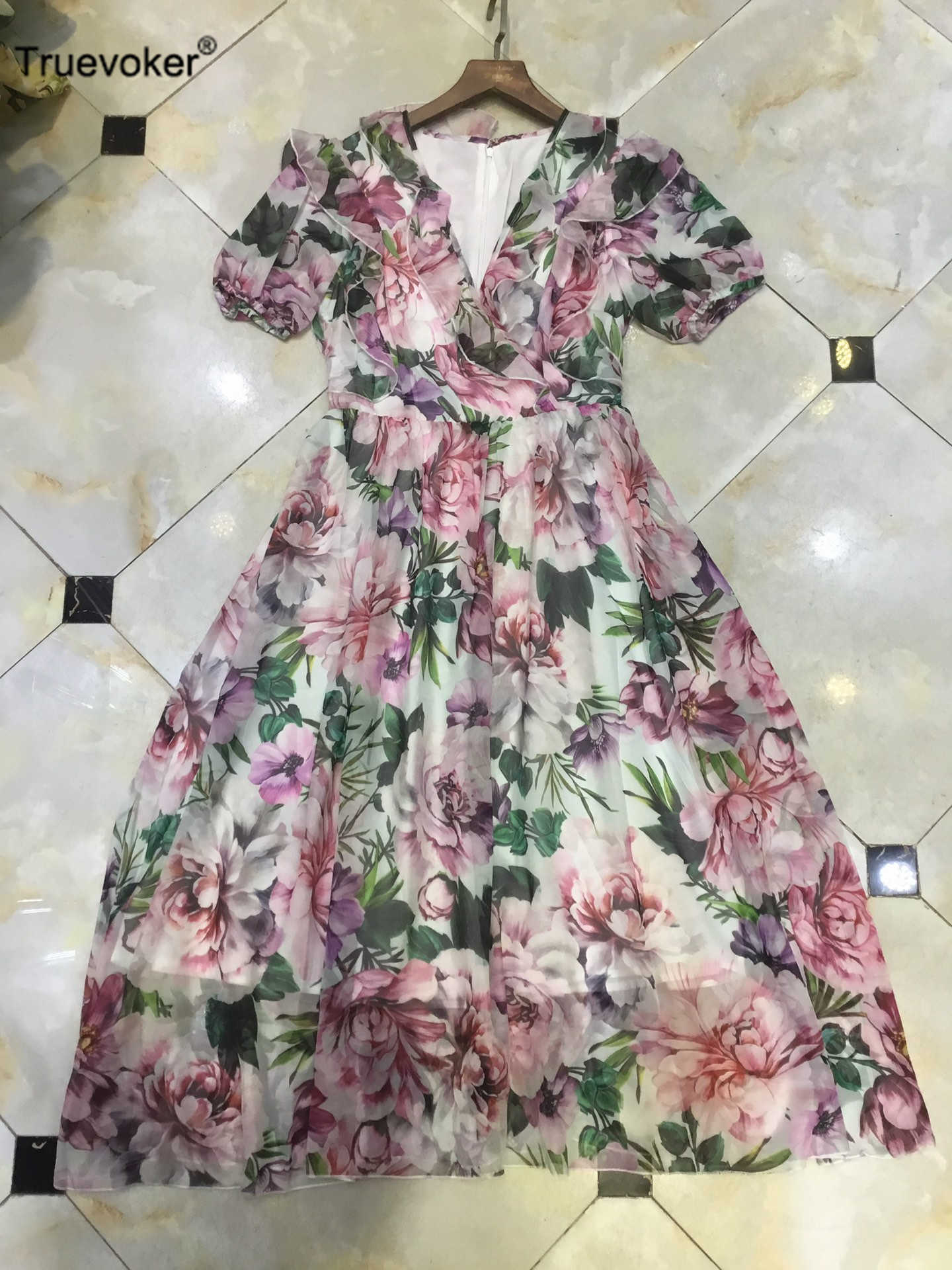 

Truevoker Lady Cottagecor Dres Short Sleeve Flower Print Ruffle Frill Midi Long Holiday Robe Mujer Vestido 210602, Pink