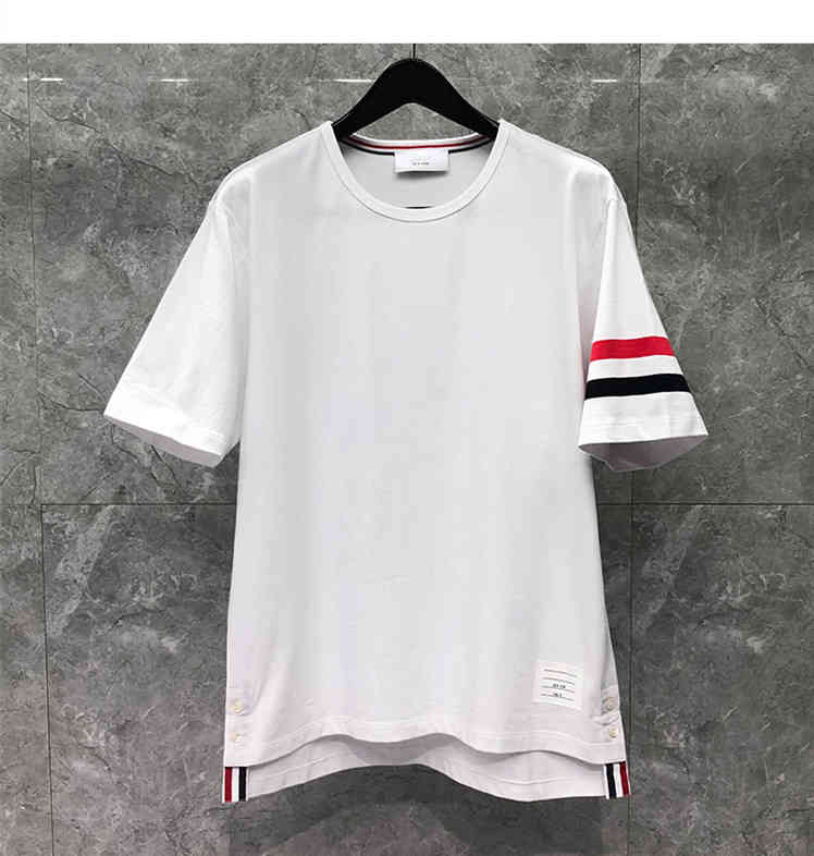 

2021 Fashion Tb Thom Brand Men's T-shirt Short Sleeve Casual Clothes Solid Striped Summer White O-neck 100% Cotton T-shirts