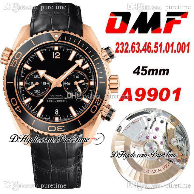 

OMF Cal A9901 Automatic Chronograph Mens Watch Rose Gold Black Polished Bezel And Dial 232.63.46.51.01.001 Super Edition Black Balance Wheel Leather Rubber Puretime M04, B stryles