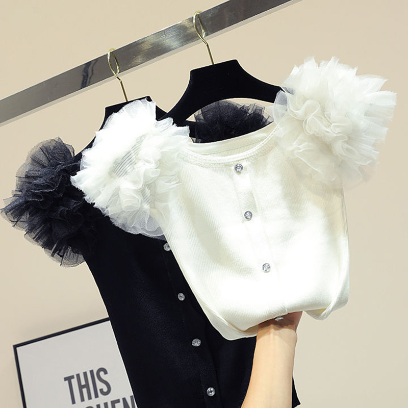 

Design Blouse Women Off Shoulder Top Ruffle Blouse Vintage Stretch Knitted Korean Clothes Summer Button Up Shirt Black White XS