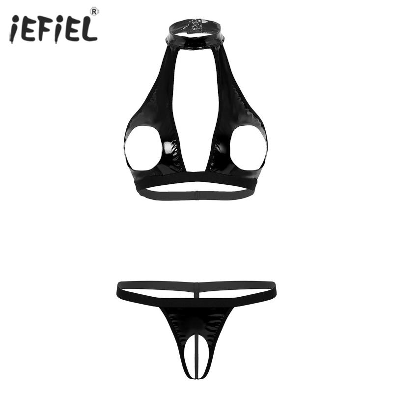 

Bras Sets Sexy Lingerie Set For Women Wet Look Faux Leather Open Cup Bra Top Crotchless G-string Briefs Erotic Nightwear, Black