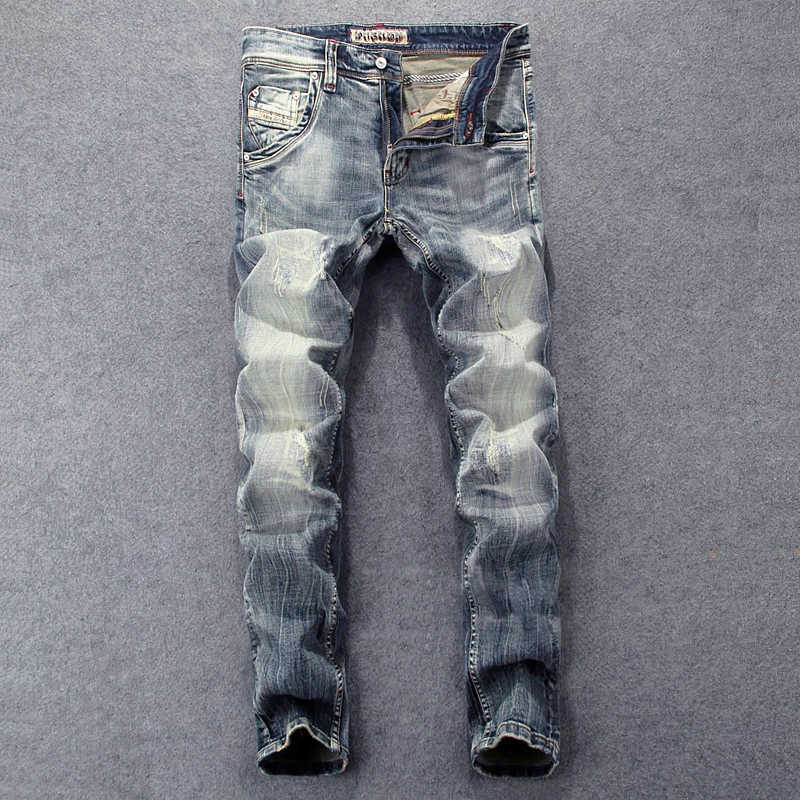 

Fashion Vintage Designer Men Jeans High Quality Retro Blue Slim Fit Ripped for Italian Style Casual Denim Pants Homme, Retro yellow blue