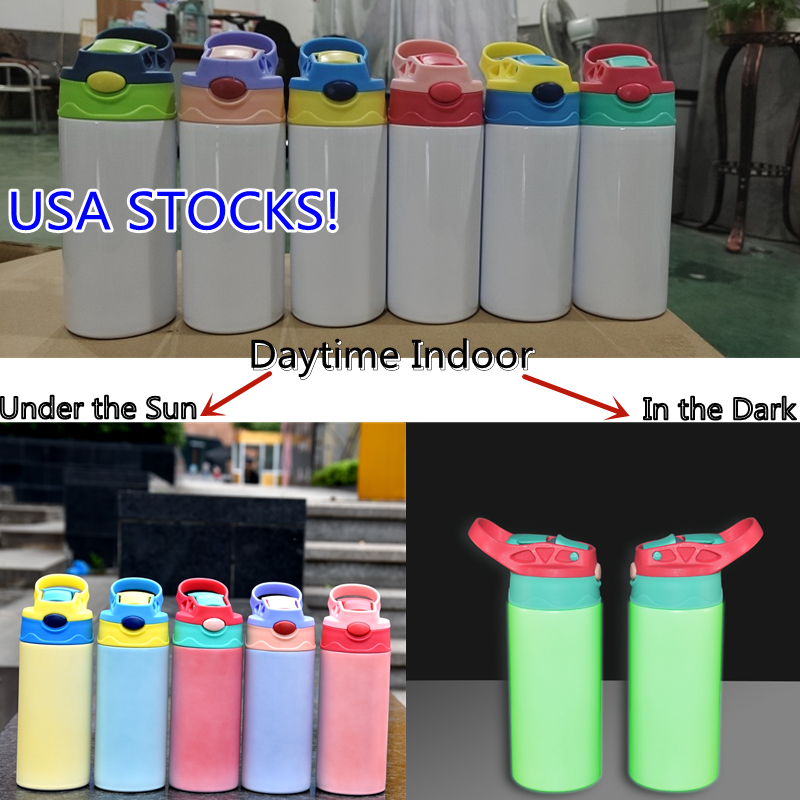 

USA STOCKS! Glow and UV Sublimation Kid Water Bottles Blanks 12oz Straight Kids Cups Fluorescent in the Dark Sunshine Light Sensing Color Changing Tumbler Bounce Cups, Mixed