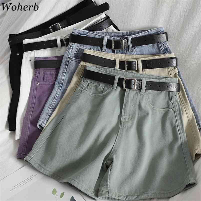 

Summer High Waist Denim Shorts Women Casual Washed Curling Black Blue Short Ladies Bottoms with Belt Jeans 210519, White