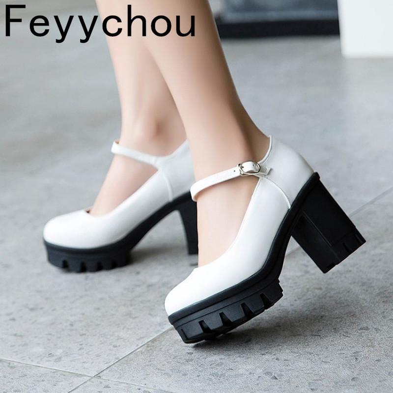 

Dress Shoes Women Pumps High Heels Square Heel Platform Buckle Pu 2021 Sexy Fashion Spring Autumn Sweet Party Wedding Black