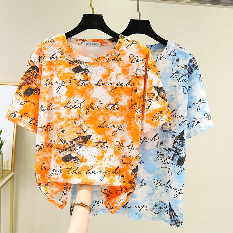 

Plus Size Cotton Tops Short Sleeve T shirt Women Tshirt Korean Style T-shirt Women Clothes Loose Letter Tee Shirt Femme 210604, Orange