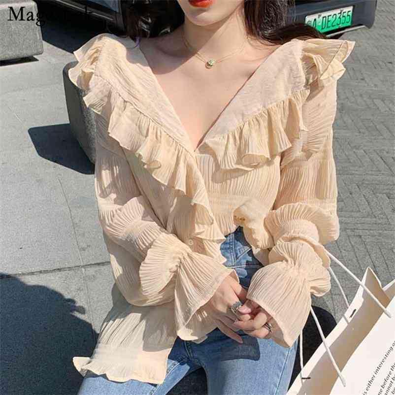 

Casual V Neck Women Pleated Shirt Autumn Blouse Puff Long Sleeve Loose Chiffon Korean Tops Solid Blusas Mujer 10572 210518, Black
