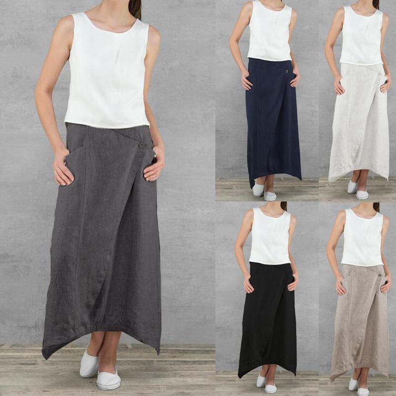 

Summer Women Linen Long Skirts Casual Loose High Waist Maxi Asymmetrical Hem Skirt Jupe Saia Femme Plus Size 210603, Black