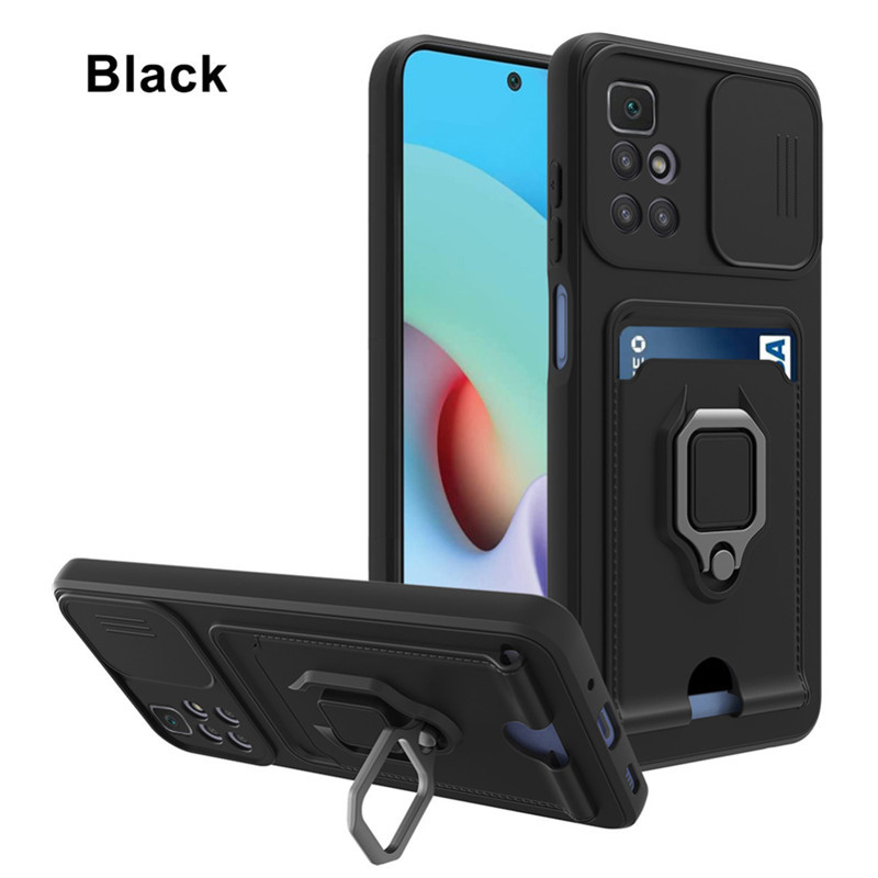 

Card Holder Wallet Phone Cases For Xiaomi Redmi Note 10 Pro 8 9A Mi 11 Lite POCO X3 NFC M3 Soft Ring Holder Lens Protection Cover, Black