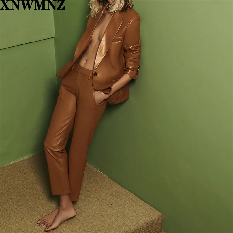 

women faux leather trousers vintage mid-camel Blazer High-waist pockets zip and metal hooks High quality 210520, Brown